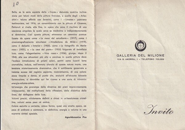 Invito mostra di EMILIO PETTORUTI 1952 - Galleria del Milione