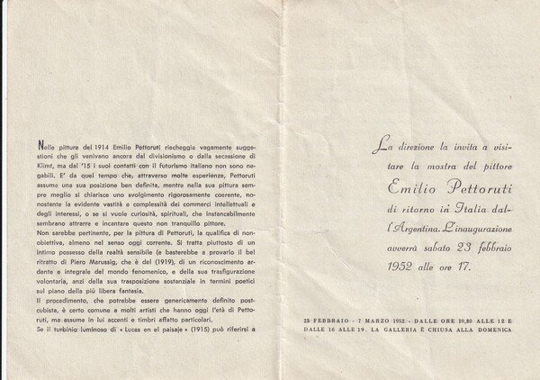 Invito mostra di EMILIO PETTORUTI 1952 - Galleria del Milione