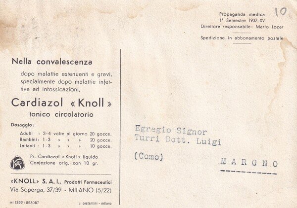 Cartolina pubblicitaria Cardiazol "Knoll" tonico circolatorio - Milano. Propaganda medica …