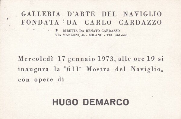 Cartolina/invito Mostra HUGO DEMARCO. Galleria d'Arte del Naviglio di Carlo …