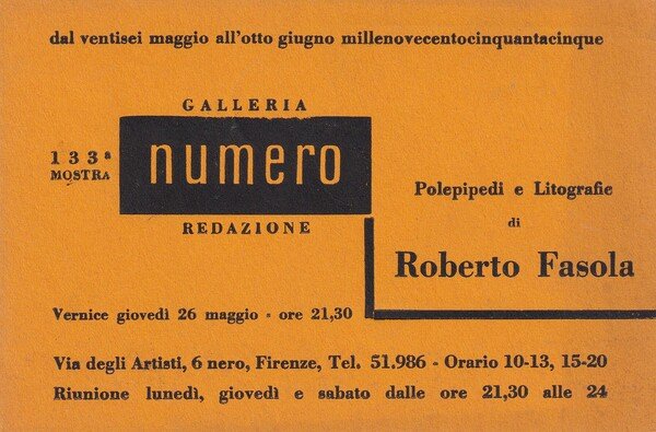 Cartolina/invito Mostra 133° ROBERTO FASOLA. Galleria Numero - Firenze