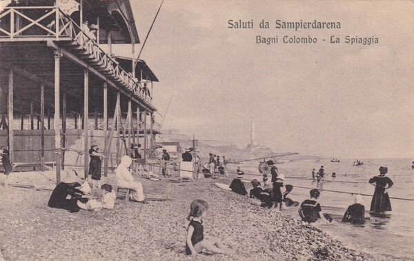 Cartolina Saluti da Sampierdarena (Genova). Bagni Colombo - La Spiaggia.