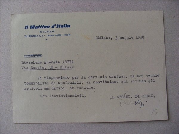 Biglietto - invio IL MATTINO D´ITALIA Milano. 1948