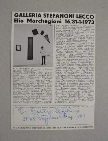 Invito Galleria Stefanoni Lecco. ELIO MARCHEGIANI 1973