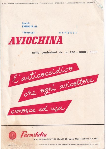 Foglio AVIOCHINA uso veterinario - Farmitalia. Illustratore A. Berretti. 1959