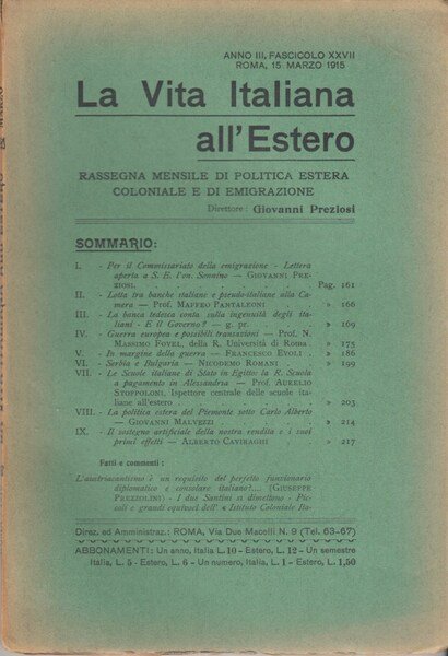 La Vita Italiana all'Estero Anno III Fascicolo XXVII Roma, 15 …