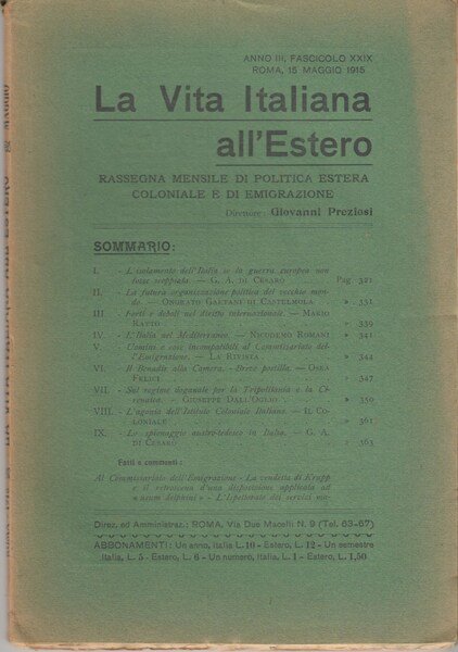 La Vita Italiana all'Estero Anno III Fascicolo XXIX Roma, 15 …