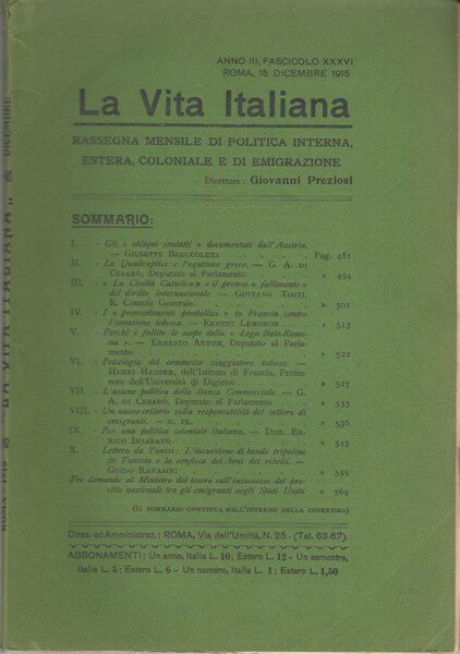 La Vita Italiana Anno III, Fascicolo XXXVI Roma, 15 Dicembre …