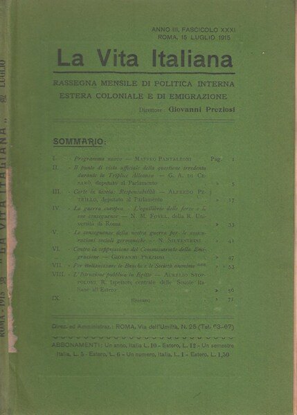 La Vita Italiana Anno III, Fascicolo XXXI Roma, 15 Luglio …