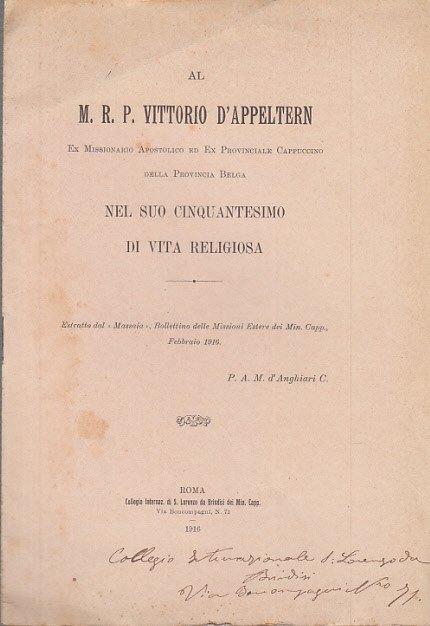 Al M.r.p. Vittorio D'appeltern Ex Missionario Apostolico Ed Ex Provinciale …