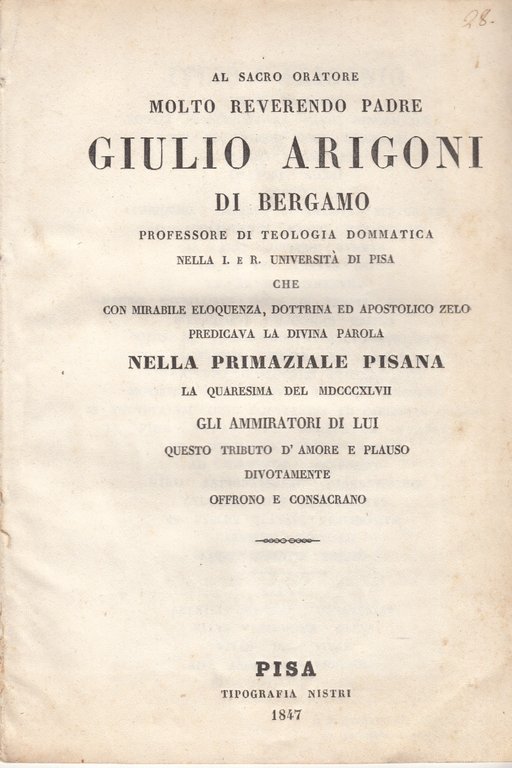 Al Sacro Oratore Molto Reverendo Padre Giulio Arrigoni Di Bergamo …