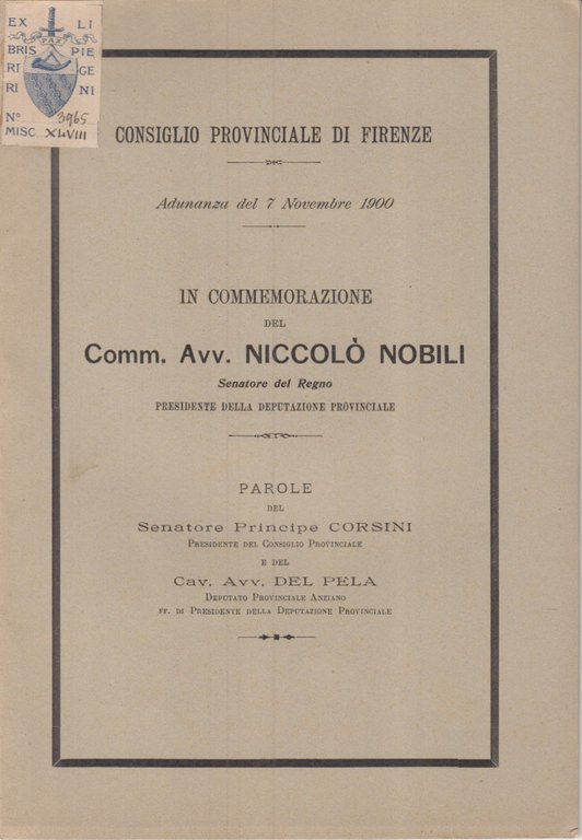 IN COMMEMORAZIONE DEL COMM. AVV. NICCOL NOBILI SENATORE DEL REGNO …