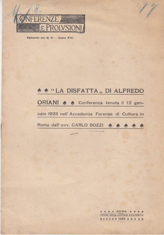 LA DISFATTA DI ALFREDO ORIANI CONFERENZA TENUTA IL 12 GENNAIO …