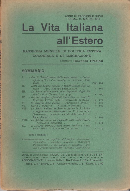 La Vita Italiana all'Estero Anno III Fascicolo XXVII Roma, 15 …