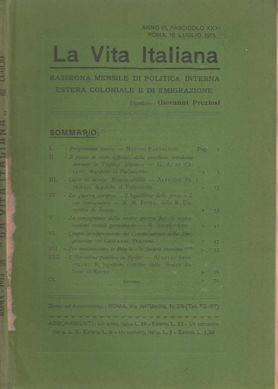 La Vita Italiana Anno III, Fascicolo XXXI Roma, 15 Luglio …