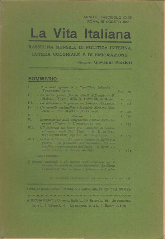 La Vita Italiana Anno III, Fascicolo XXXII Roma, 15 Agosto …