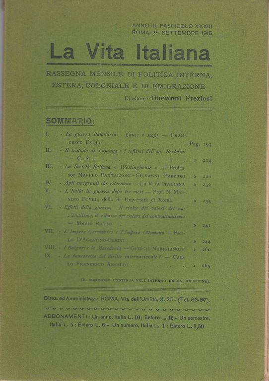 La Vita Italiana Anno III, Fascicolo XXXIII Roma, 15 Settembre …