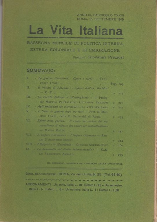 La Vita Italiana Anno III, Fascicolo XXXIII Roma, 15 Settembre …