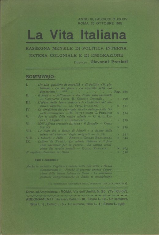 La Vita Italiana Anno III, Fascicolo XXXIV Roma, 15 Ottobre …