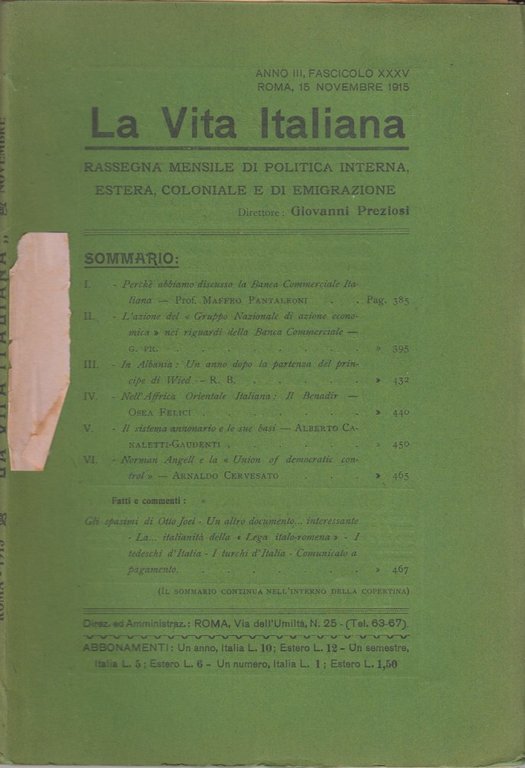 La Vita Italiana Anno III, Fascicolo XXXV Roma, 15 Novembre …