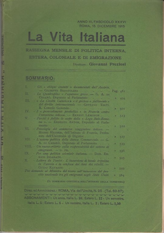 La Vita Italiana Anno III, Fascicolo XXXVI Roma, 15 Dicembre …