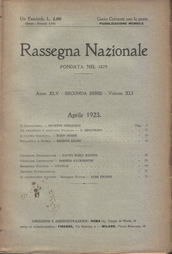 Rassegna Nazionale. Seconda serie, Anno XLV - Volume XLI, Aprile …