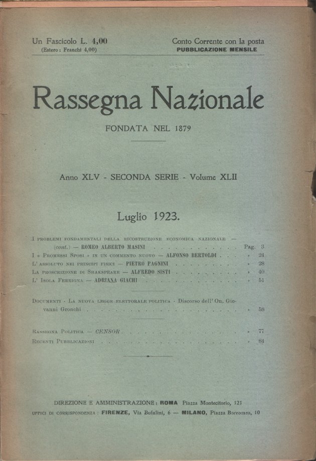 Rassegna Nazionale. Seconda serie, Anno XLV - Volume XLII, Luglio …