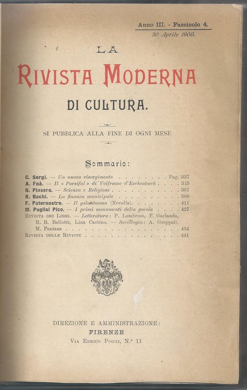 LA RIVISTA MODERNA DI CULTURA. ANNO III, 1900: NN. DALL'1 …