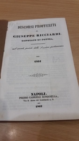 discorsi profferiti da giuseppe ricciardi deputato di foggia del 1861