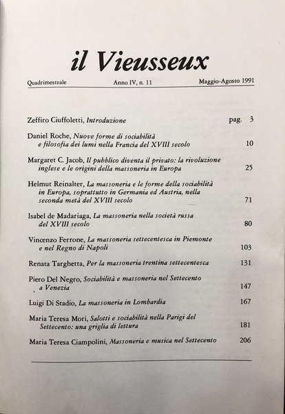 LA MASSONERIA E LE FORME DELLA SOCIABILITA' NELL'EUROPA DEL SETTECENTO