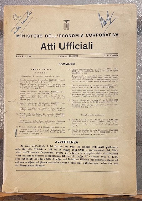 MINISTERO DELL'ECONOMIA CORPORATIVA: ATTI UFFICIALI.