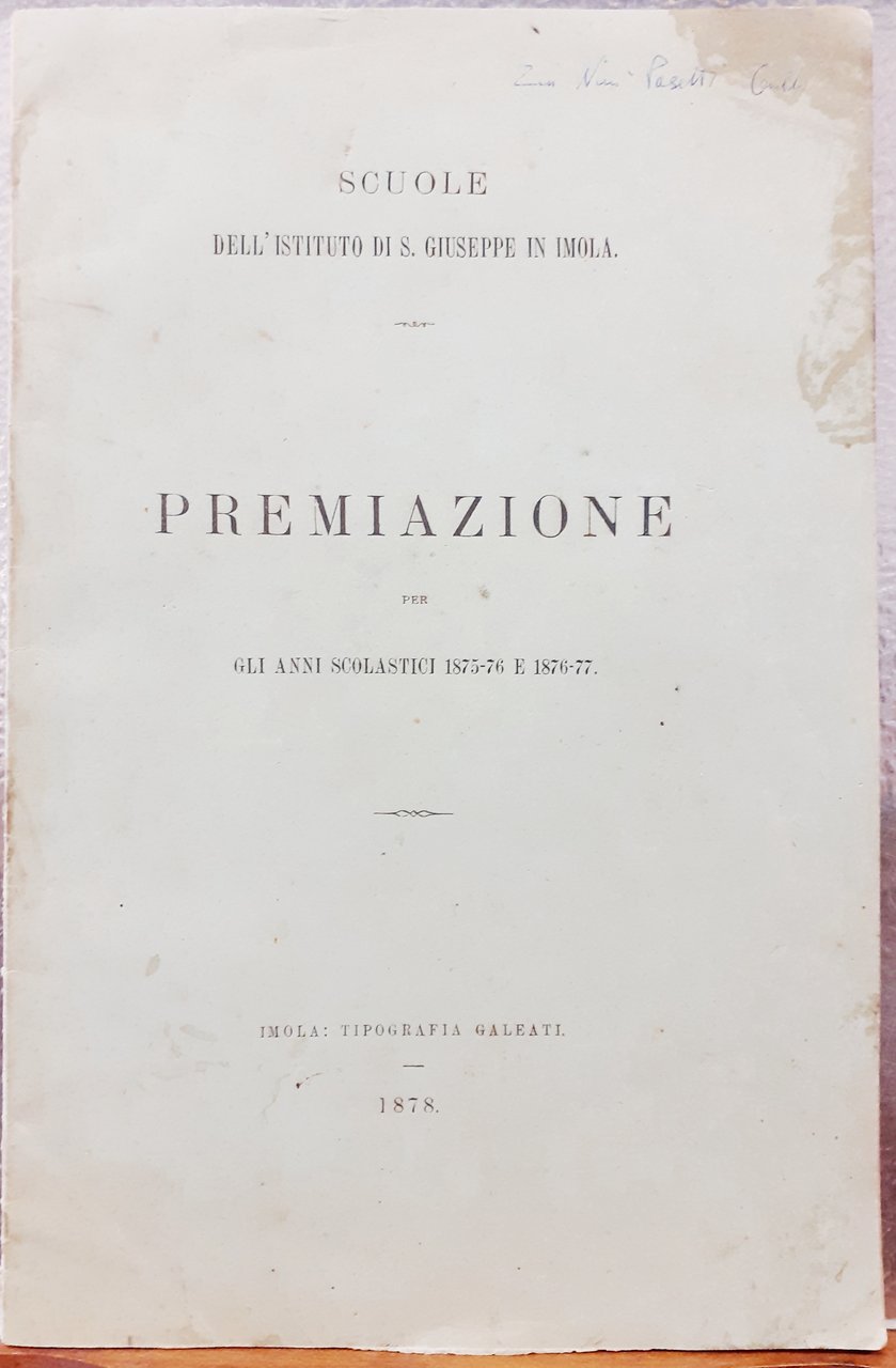 PREMIAZIONE DEGLI ANNI SCOLASTICI 1875 e 1876-77.,