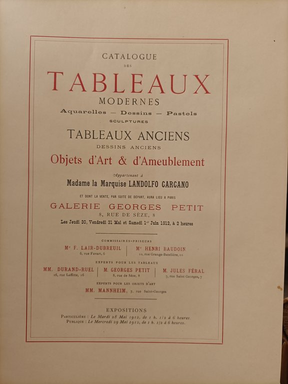 Collection Madame la Marquise Landolfo Carcano : Catalogue des Tableaux …