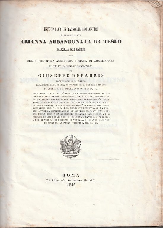 Intorno ad un bassorilievo antico rappresentante Arianna abbandonata da Teseo