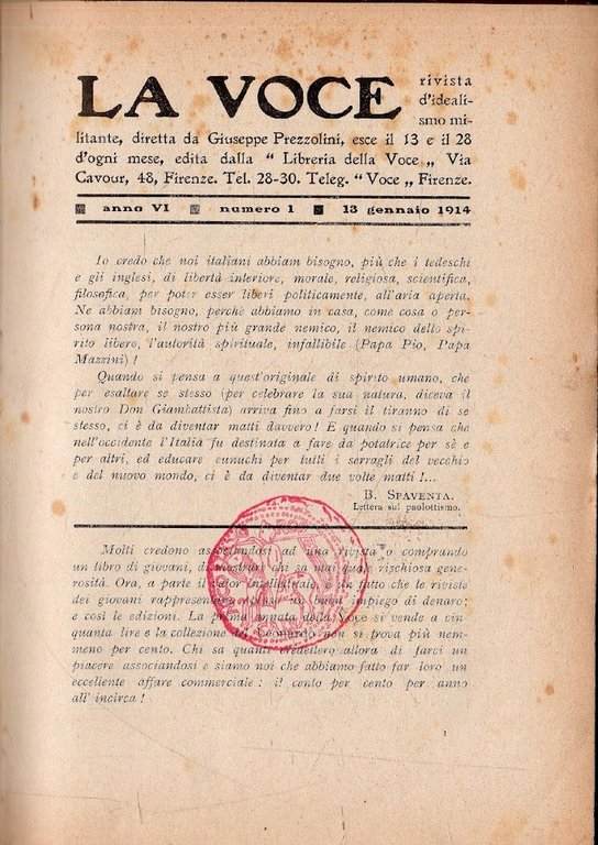 La Voce. Rivista d'idealitante. Numeri dell'anno VI, dal 13 gennaio …