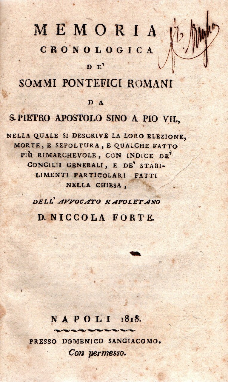 Memoria cronologica de' Sommi Pontefici Romani da S. Pietro Apostolo … | Immagine principale