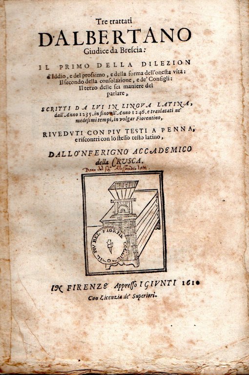 Tre Trattati d'Albertano giudice da Brescia: Il Primo, della Dilezion …