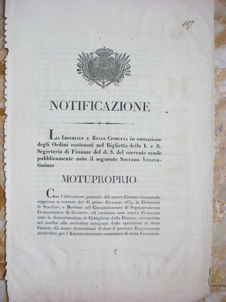 DECRETO DI FONDAZIONE DI CASTIGLIONE DELLA PESCAJA (1833).