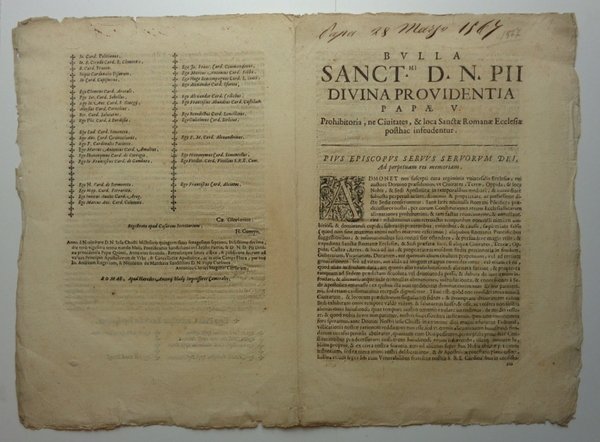 BULLA Sanct.mi D.N. Pii divina providentia papae V, PROHIBITORIA, NE …
