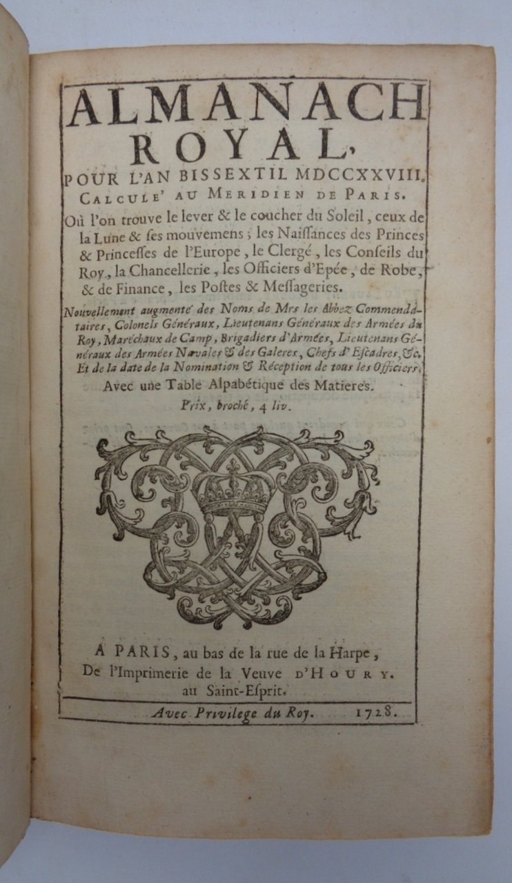 ALMANACH ROYAL pour l'an bissextil MDCCXXVIII. | Immagine principale