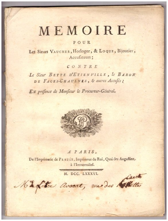 CAGLIOSTRO. PIÈCES DU PROCES, 1786 (Raccolta di documenti originali del …