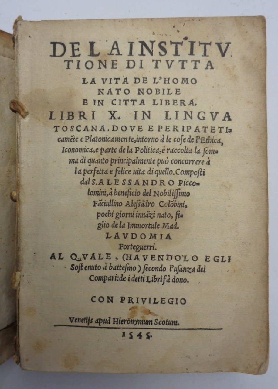 DE LA INSTITUTIONE DI TUTTA LA VITA DE L'HOMO NATO …