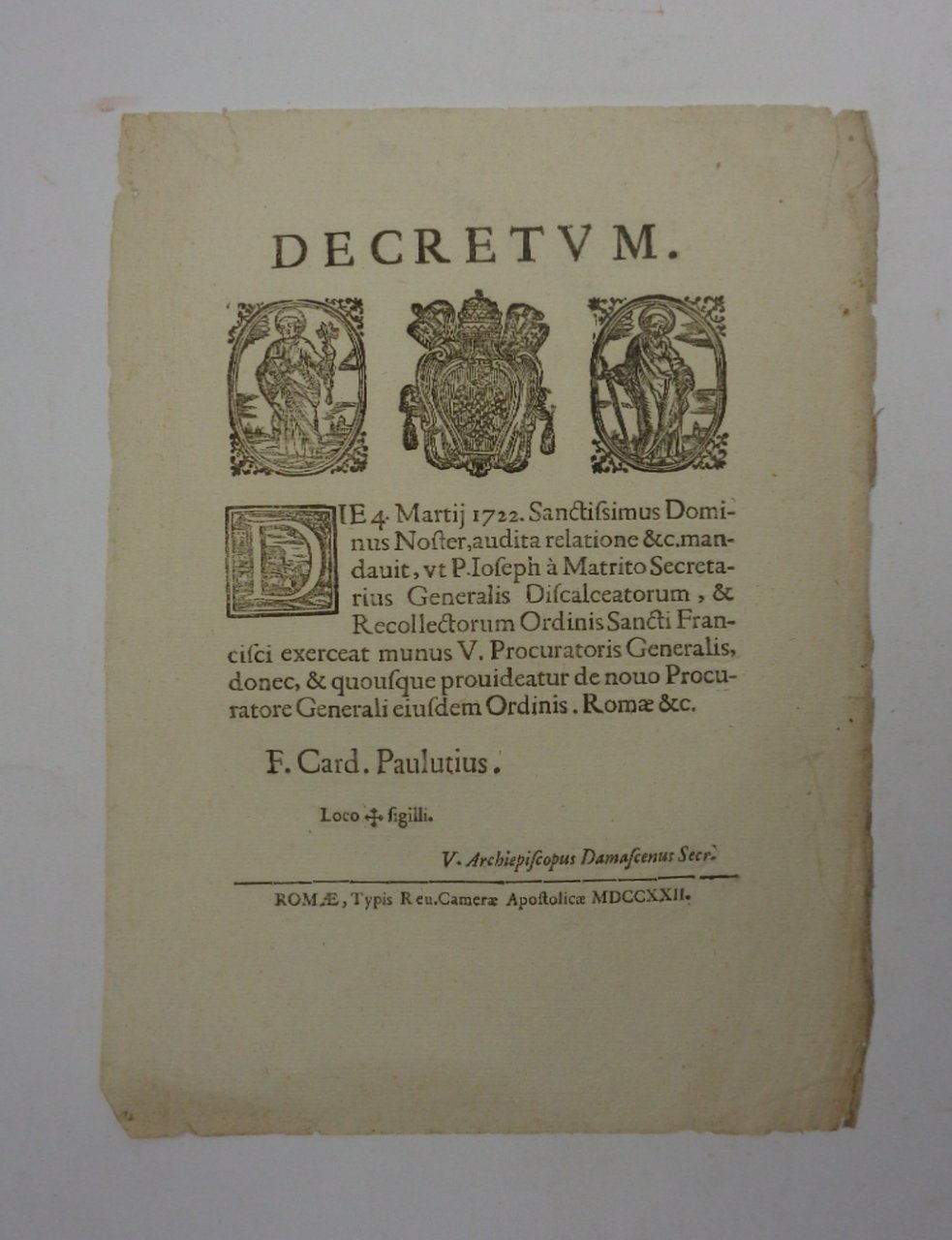DECRETUM die 4 Martii 1722 . | Immagine principale