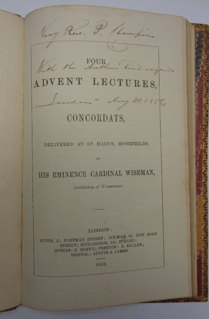 FOUR ADVENT LECTURES, ON CONCORDATS. (Invio autografo)