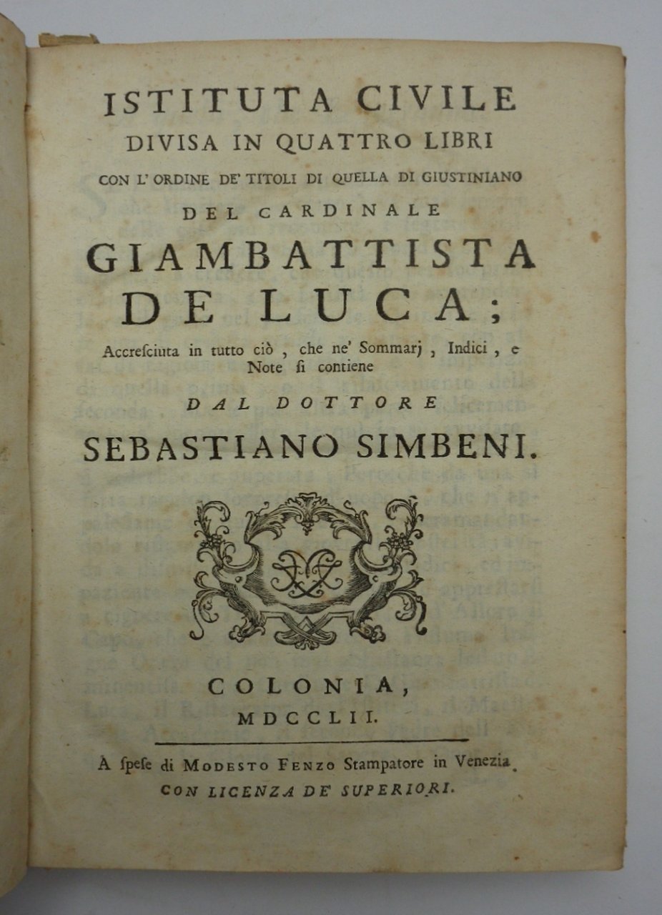 ISTITUTA CIVILE DIVISA IN QUATTRO LIBRI con l'ordine dé titoli …