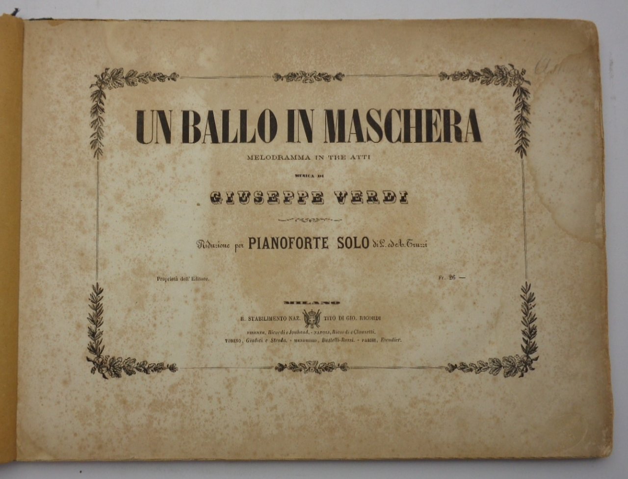 UN BALLO IN MASCHERA. Riduzione per pianoforte solo di L. …
