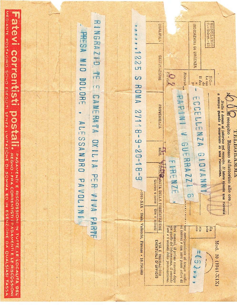 Telegramma postale allo scrittore Giovanni Papini a Firenze