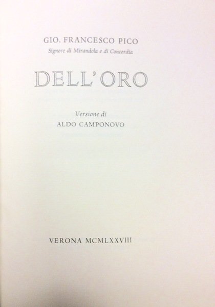 DELL'ORO. - Versione di Aldo Camponovo.