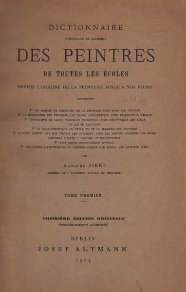 DICTIONNAIRE HISTORIQUE ET RAISONNE' DES PEINTRES DE TOUTES LES ECOLES. …