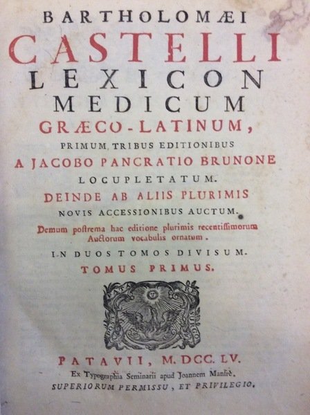 LEXICON MEDICUM GRAECO-LATINUM. - Primum tribus editionibus a Jacobo Pancratio …